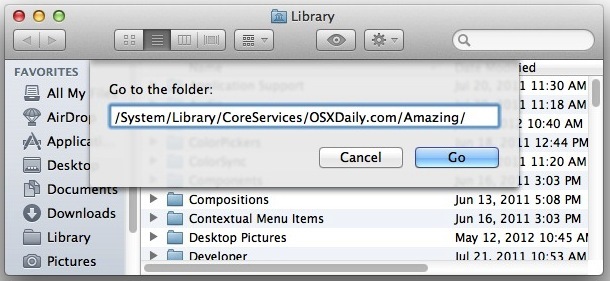 GO TO Folder consente l'immissione completa del percorso in Mac OS X
