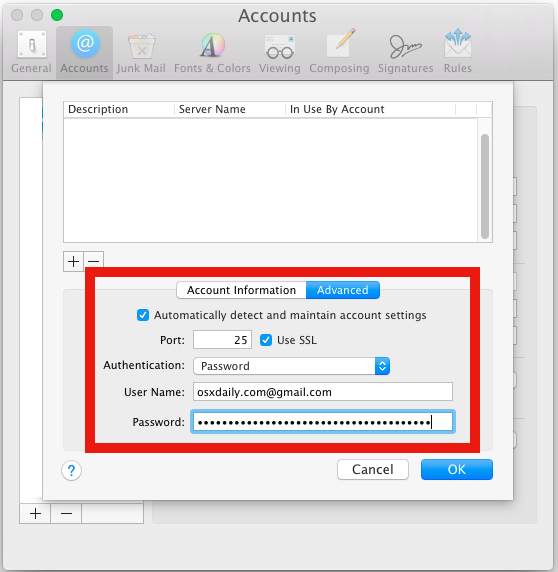 Correggi la posta SMTP inviando problemi nell'app per Mac OS X Mail