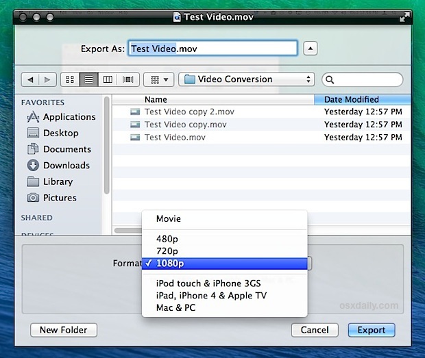 Utilità di conversione video QuickTime integrate in Mac OS X