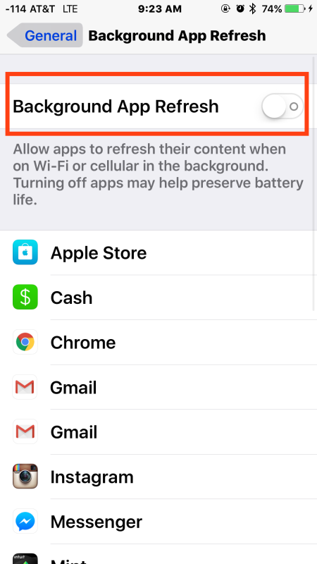 Disattiva l'aggiornamento dell'app in background per assistenza nella conservazione dei dati cellulari su iPhone