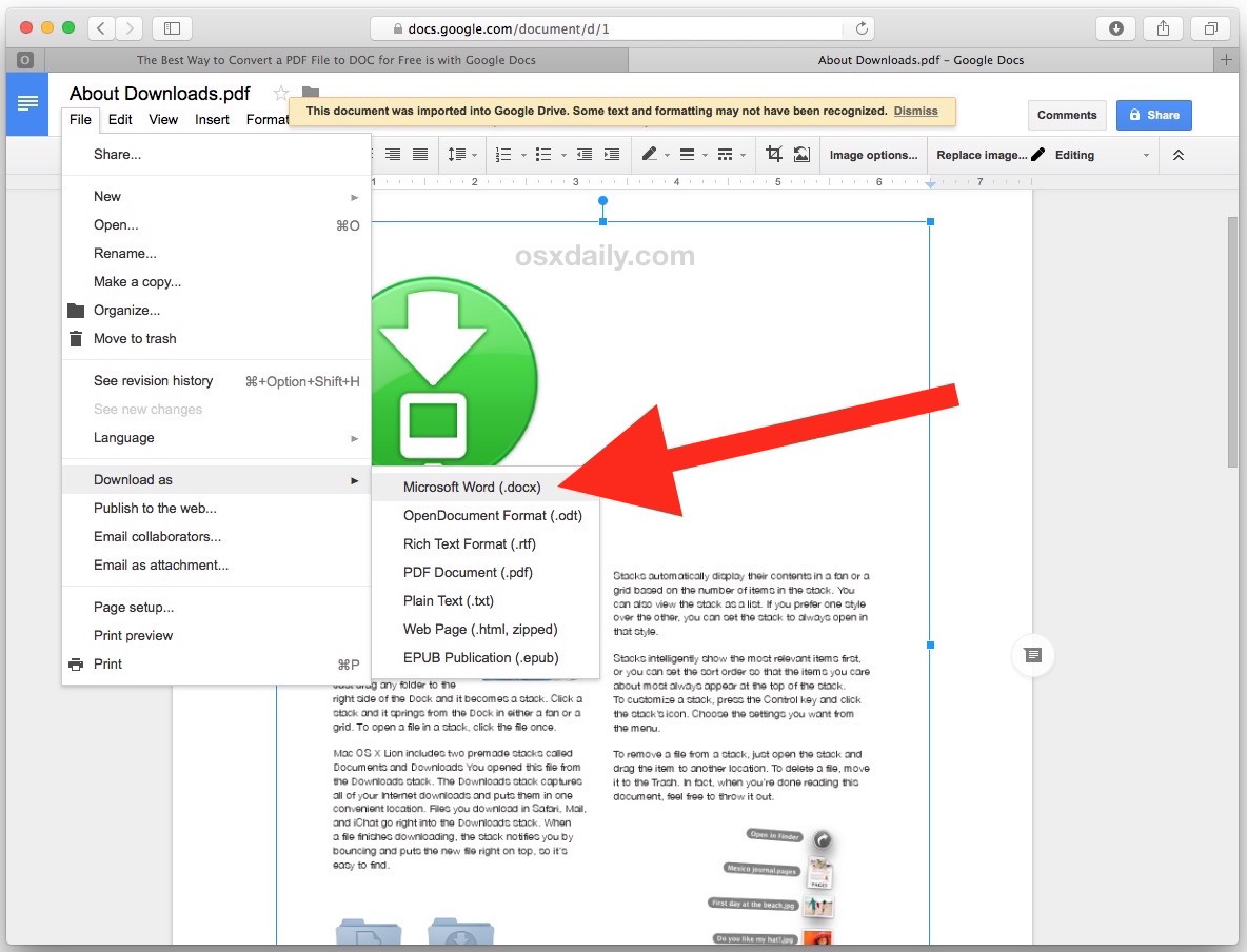 Converti file PDF in DOCX Word in Google Documenti