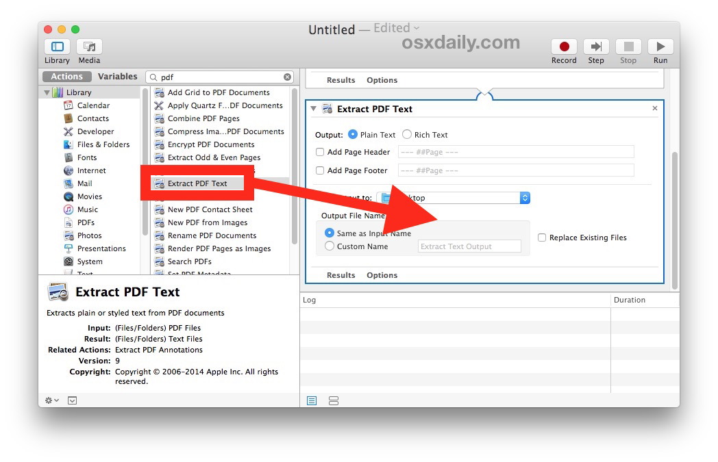 Conversione di un documento PDF in testo in Mac OS X con Automator