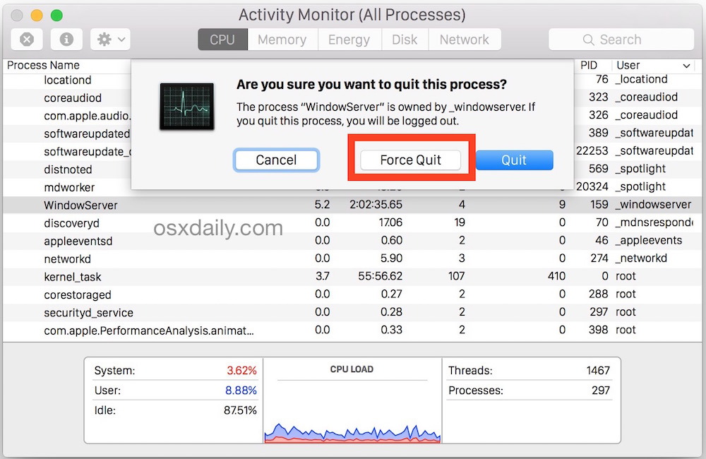 Sospendi le app da Activity Monitor in Mac OS X