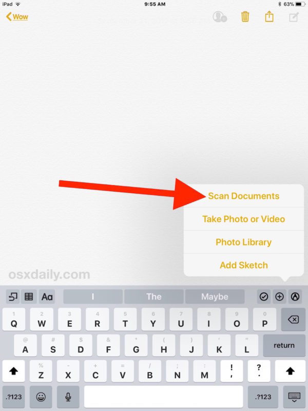 Scansiona i documenti nell'app iOS Notes