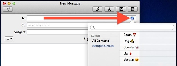 iCloud Contatti Finestra di composizione della posta in Mac OS X