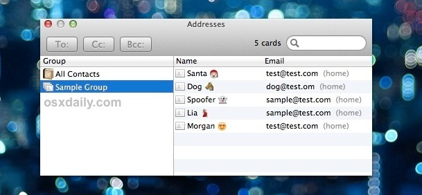 Pannello degli indirizzi rapidi nell'app Mail per OS X