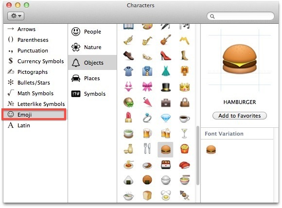 Il selettore di caratteri Emoji in Mac OS X