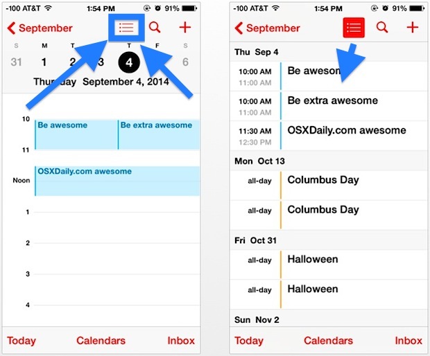 Vista elenco eventi data più ampia nel calendario iOS