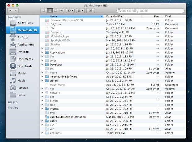 Elenco completo della directory radice nel Finder di Mac OS X.