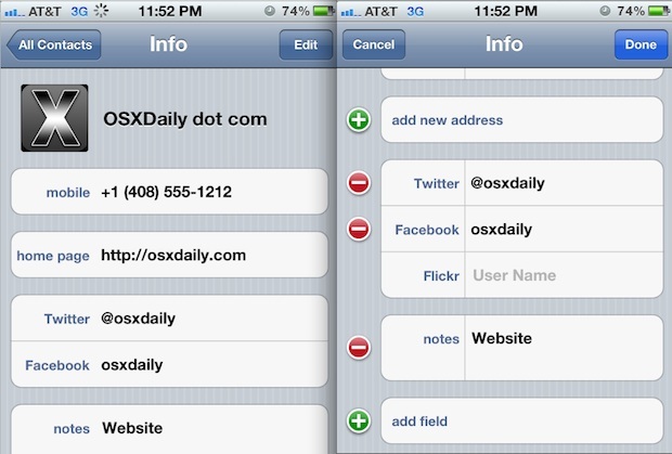 Aggiungi profili social ai contatti iOS e iPhone