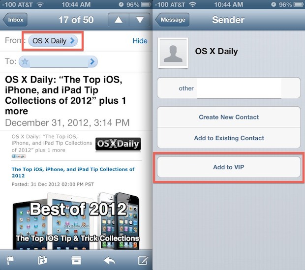 Aggiungi un contatto di posta elettronica all'elenco VIP facilmente in iOS