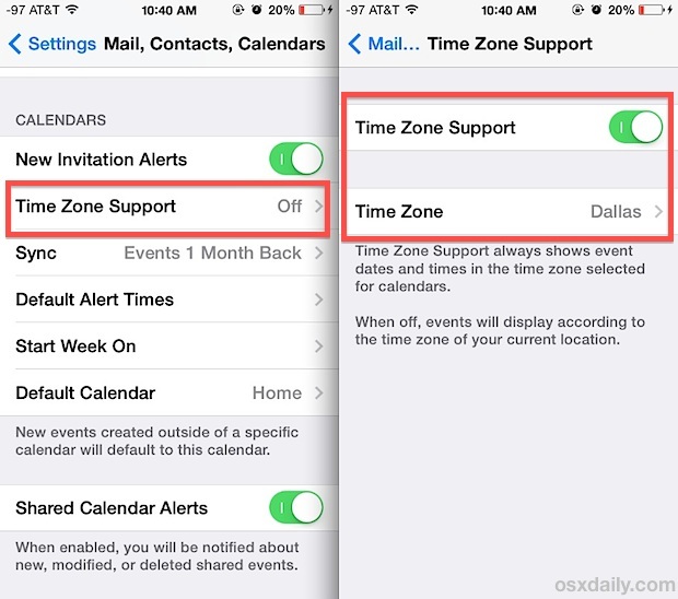 Abilita il supporto del fuso orario in Calendar per iOS