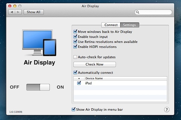 Preferenze di Air Display in Mac OS X