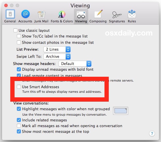 Disabilita gli Smart Address per vedere il nome e l'indirizzo completi in OS X Mail