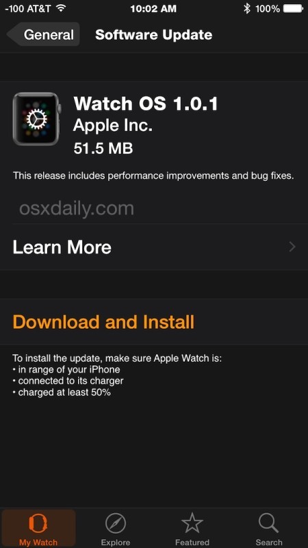 Aggiornamento di Apple Watch OS 1.0.1