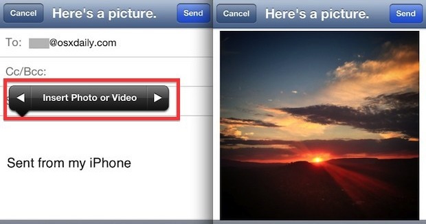 Allegare una foto a un'e-mail, come mostrato su iPhone