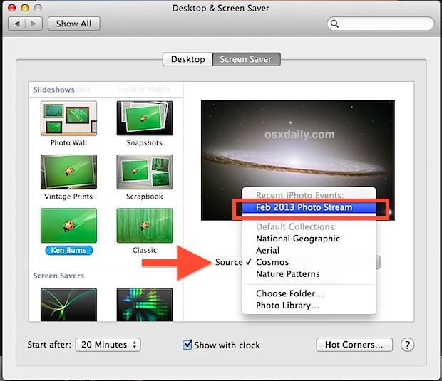 Seleziona lo screen saver di Photo Stream in Mac OS X.