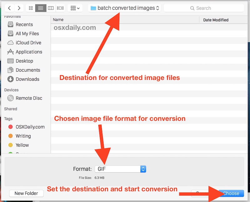 Imposta la destinazione e il formato del file per convertire i file di immagine in, quindi avvia la conversione in Anteprima per Mac OS X