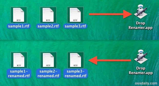 Batch rinomina i file con l'utilità trascina e rilascia in Mac OS X.