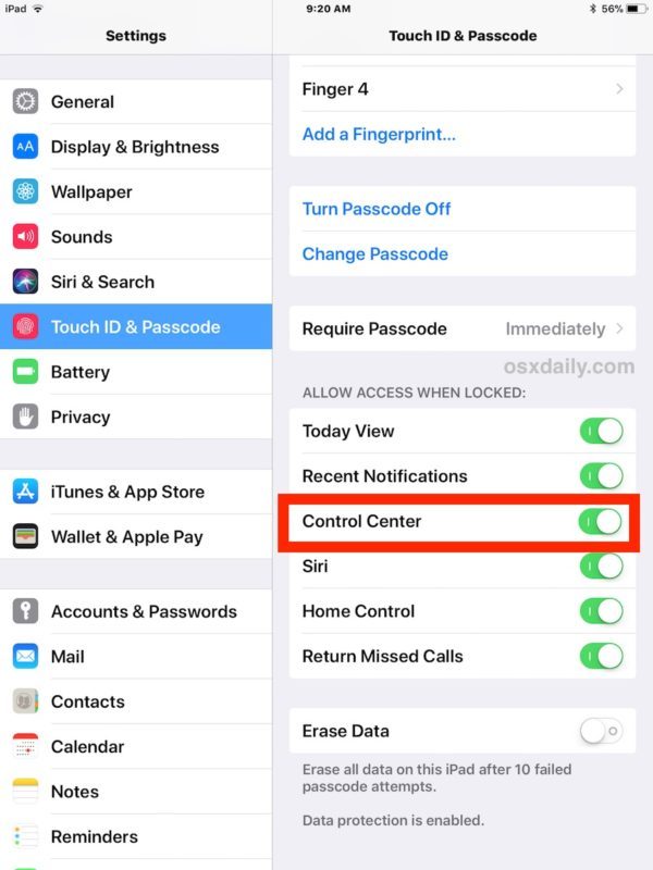 Abilita il Centro di controllo dall'accesso Blocca schermo in iOS