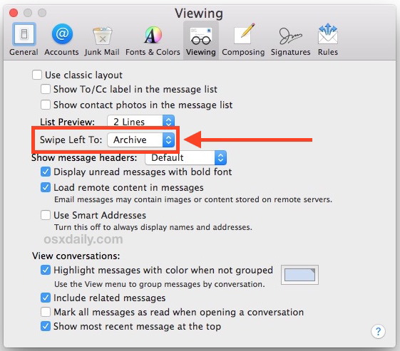 Cambia il gesto sinistro del dito di Mac Mail