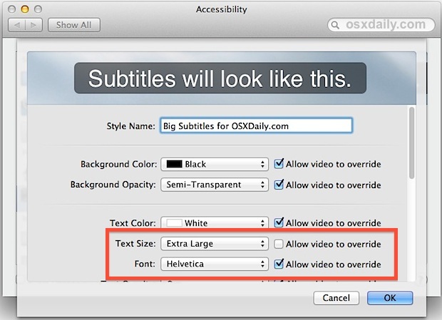 Cambia la dimensione del carattere dei sottotitoli nei video di Mac OS X.