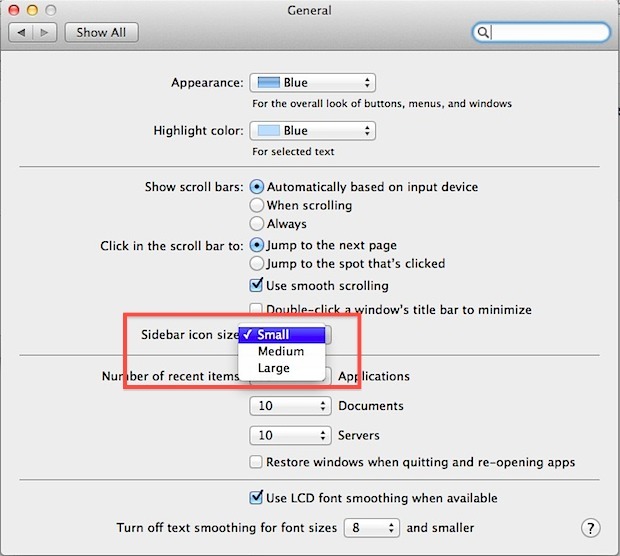 Cambia la dimensione del testo della barra laterale della finestra di Finder di Mac