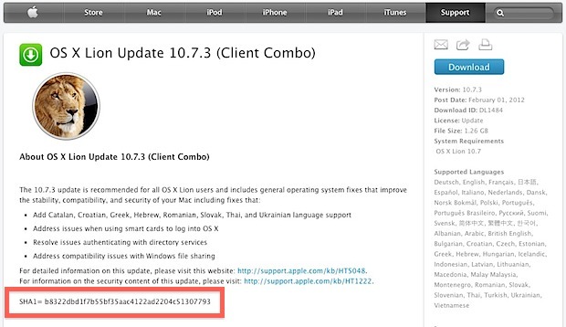 Checksum SHA1 sulla pagina dei download Apple