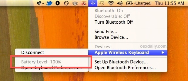 Livello della batteria del dispositivo Bluetooth come mostrato nella voce della barra dei menu