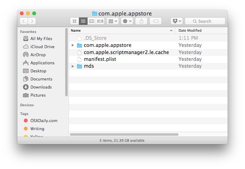 La cartella dei dati temporanei della cache del Mac App Store