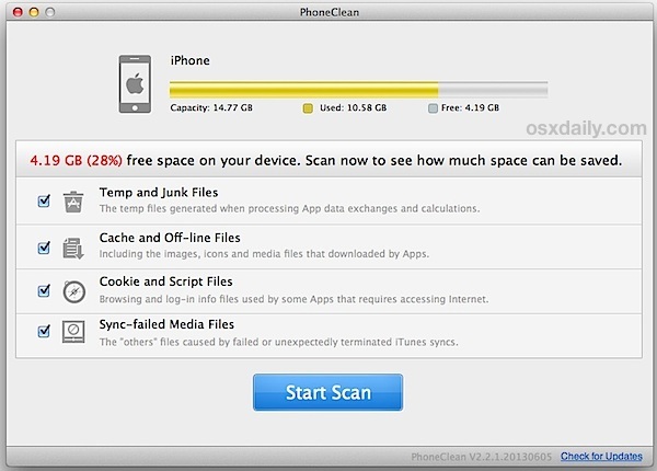 Scansione di un iPhone o iPad per i file temporanei e le cache delle app