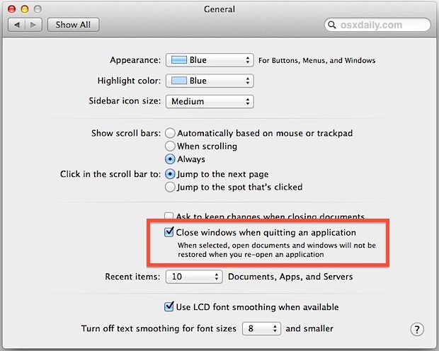 Chiudi sempre Windows quando esci da applicazioni in Mac OS X.