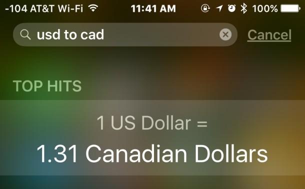 Conversione di valuta in Spotlight Search per iOS su iPhone