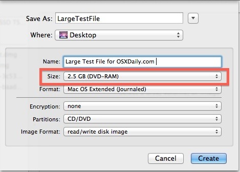 Crea un grande file in Mac OS X