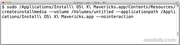 Comando terminale per creare un programma di installazione di OS X Mavericks