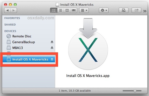 L'unità di installazione di OS X Mavericks