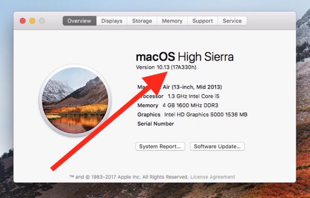 Controlla per ottenere il numero di build di macOS High Sierra