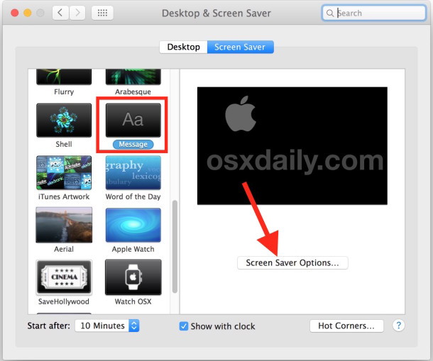 Messaggio Custom Screen Saver in Mac OS X