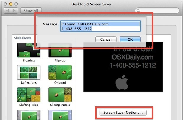 Personalizzazione del messaggio salvaschermo in Mac OS X