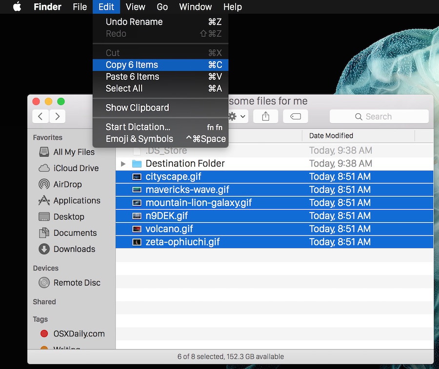 Copia i file per poi tagliare e incollare e spostare in Mac OS X Finder
