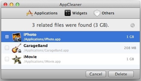 Disinstallazione di GarageBand, iMovie e iPhoto usando AppCleaner