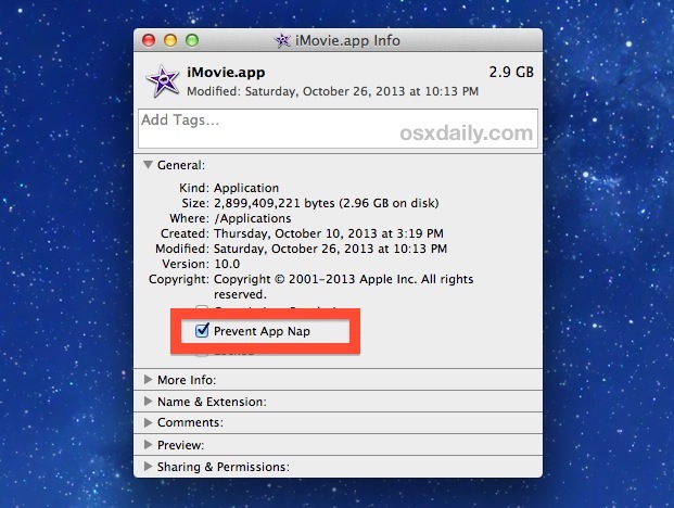 Disattiva App Nap per applicazione in Mac OS X