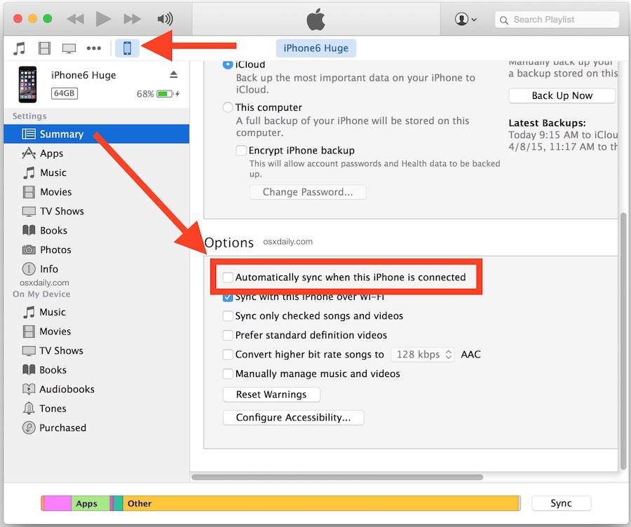 Interrompere la sincronizzazione di iTunes automaticamente con iPhone o iPad