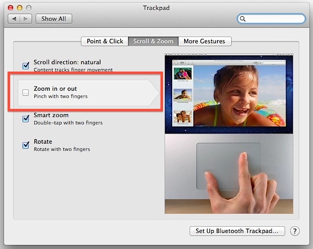 Disattiva Pinch per lo zoom in Mac OS X