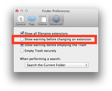 Interrompe l'avviso di modifica dell'estensione del file in OS X Finder