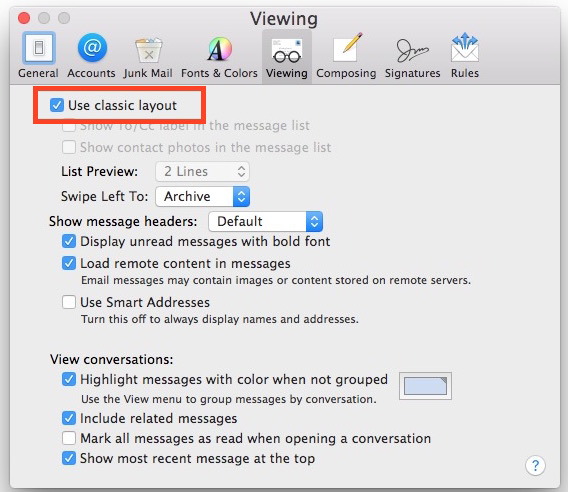 Utilizza il layout classico nell'app Mail per Mac OS X per disattivare il gesto di scorrimento