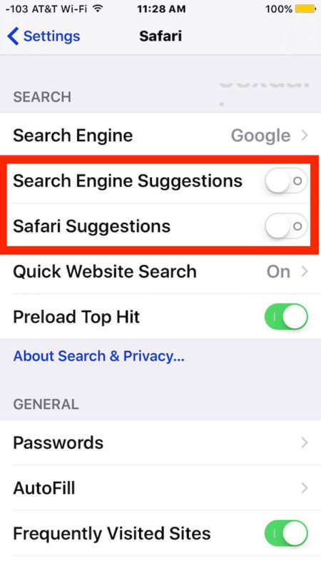 Disabilitazione dei suggerimenti Safari in iOS