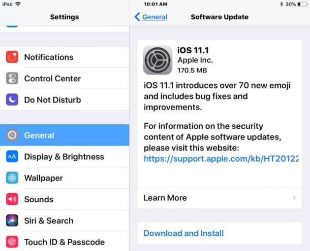 Download dell'aggiornamento iOS 11.1
