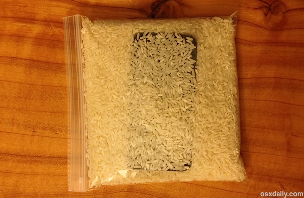 iPhone in un sacchetto di riso per evitare danni all'acqua