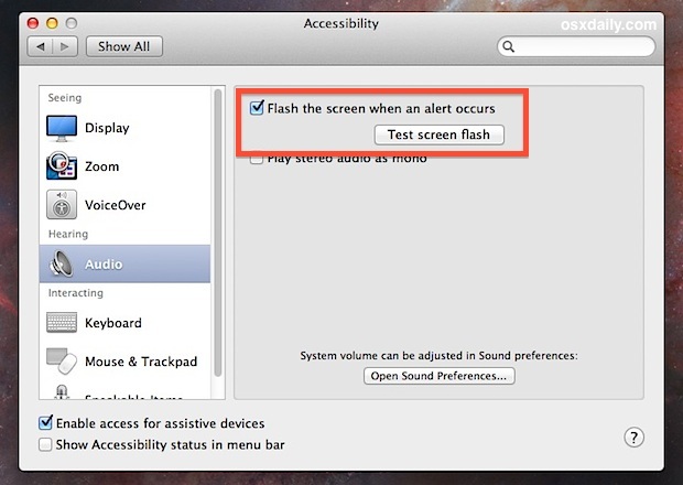 Flash lo schermo per gli avvisi in Mac OS X